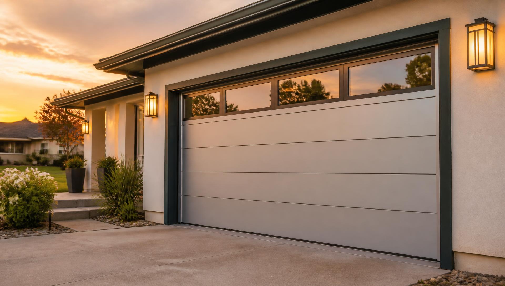 Modern residential garage door in Creedmoor, NC at sunset